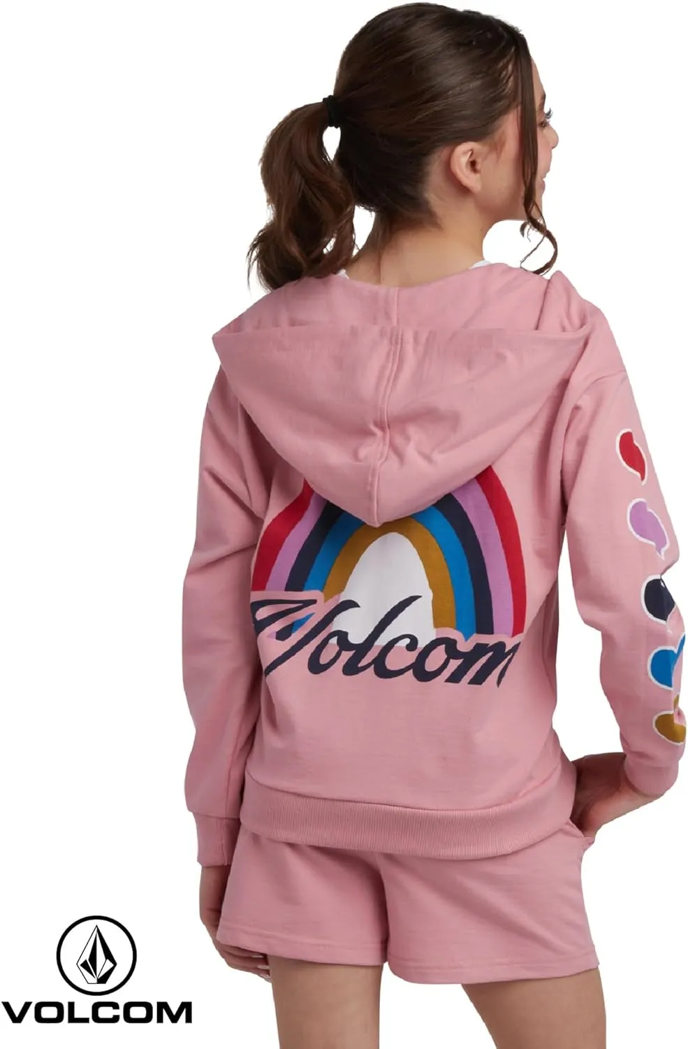 Volcom Girls' Fleece Short Set - 2 Piece Long Sleeve Full Zip Up Hoodie Sweatshirt and Matching Sweat Shorts (Sizes: 4-12)