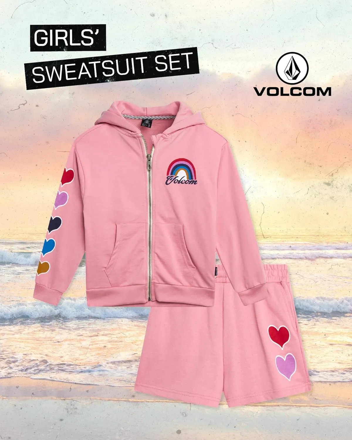 Volcom Girls' Fleece Short Set - 2 Piece Long Sleeve Full Zip Up Hoodie Sweatshirt and Matching Sweat Shorts (Sizes: 4-12)