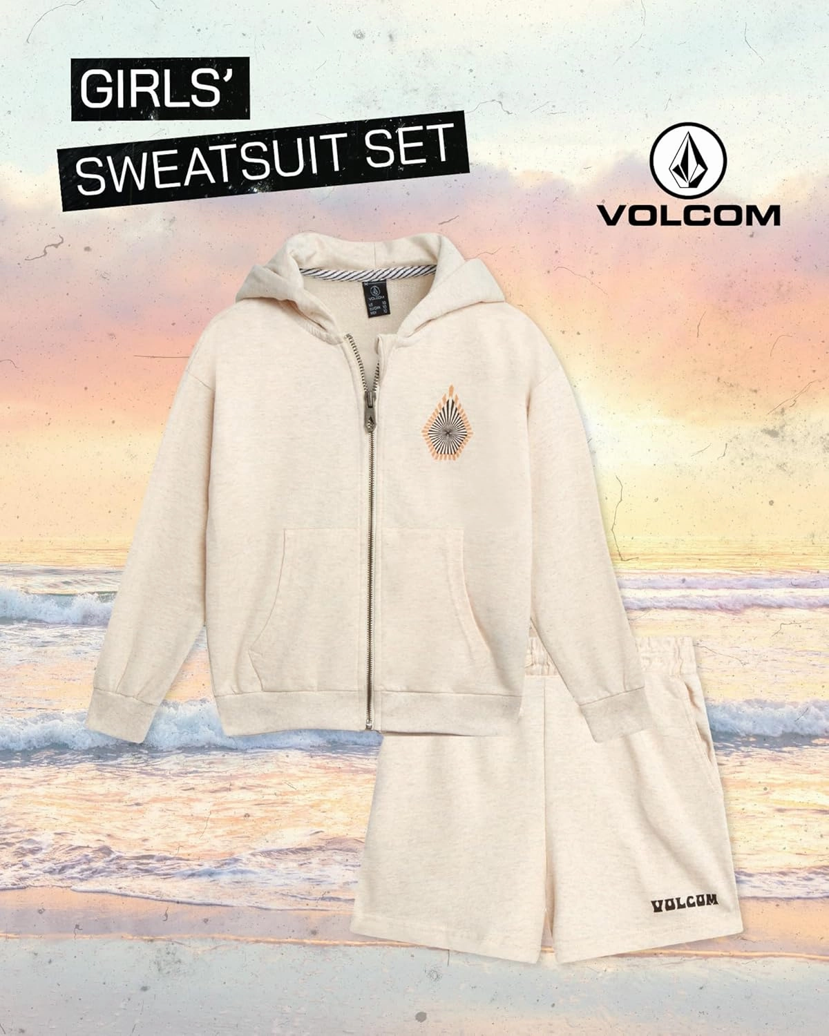 Volcom Girls' Fleece Short Set - 2 Piece Long Sleeve Full Zip Up Hoodie Sweatshirt and Matching Sweat Shorts (Sizes: 4-12)