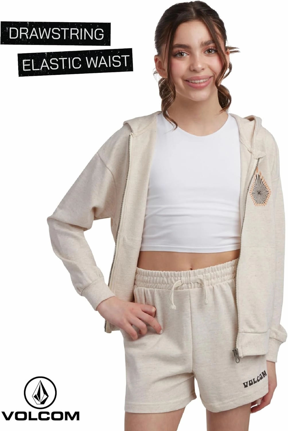 Volcom Girls' Fleece Short Set - 2 Piece Long Sleeve Full Zip Up Hoodie Sweatshirt and Matching Sweat Shorts (Sizes: 4-12)