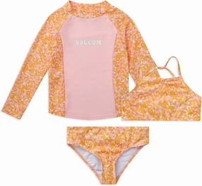 Volcom Girls' Swimsuit Set - 3 Piece UPF50  High Neck Bikini Top, Bikini Bottom and Matching Swim Shorts for Girls (2T-16)