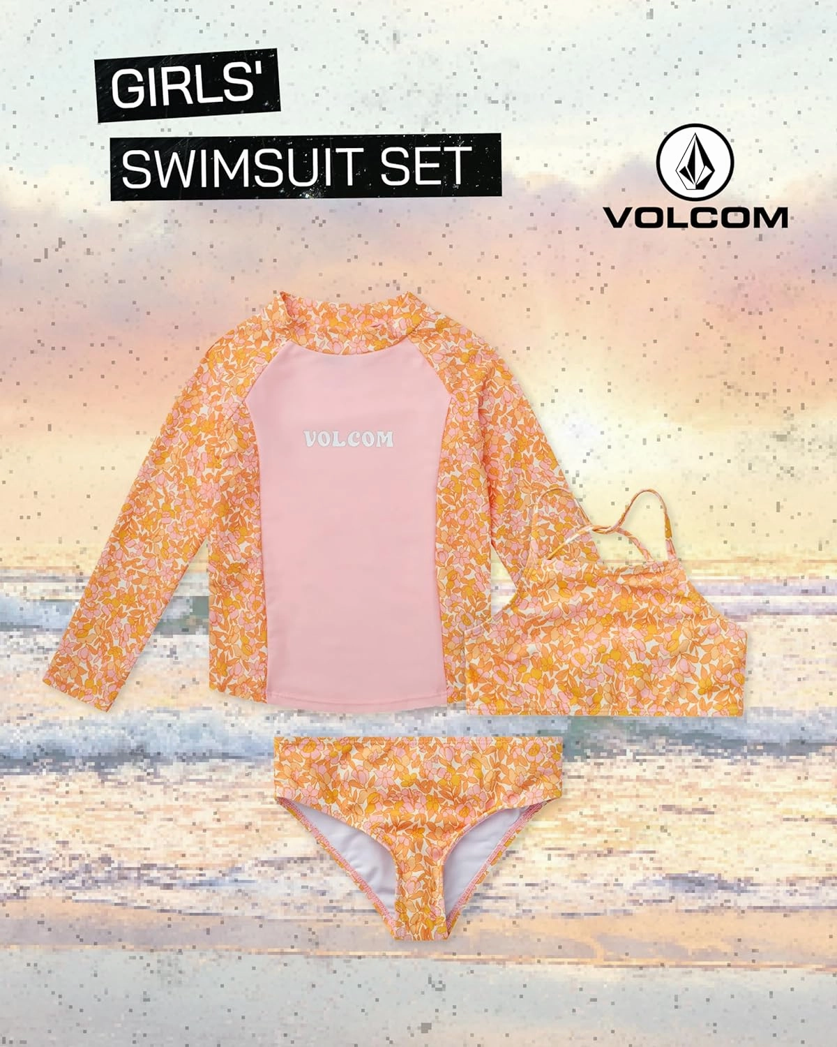 Volcom Girls' Swimsuit Set - 3 Piece UPF50  High Neck Bikini Top, Bikini Bottom and Matching Swim Shorts for Girls (2T-16)