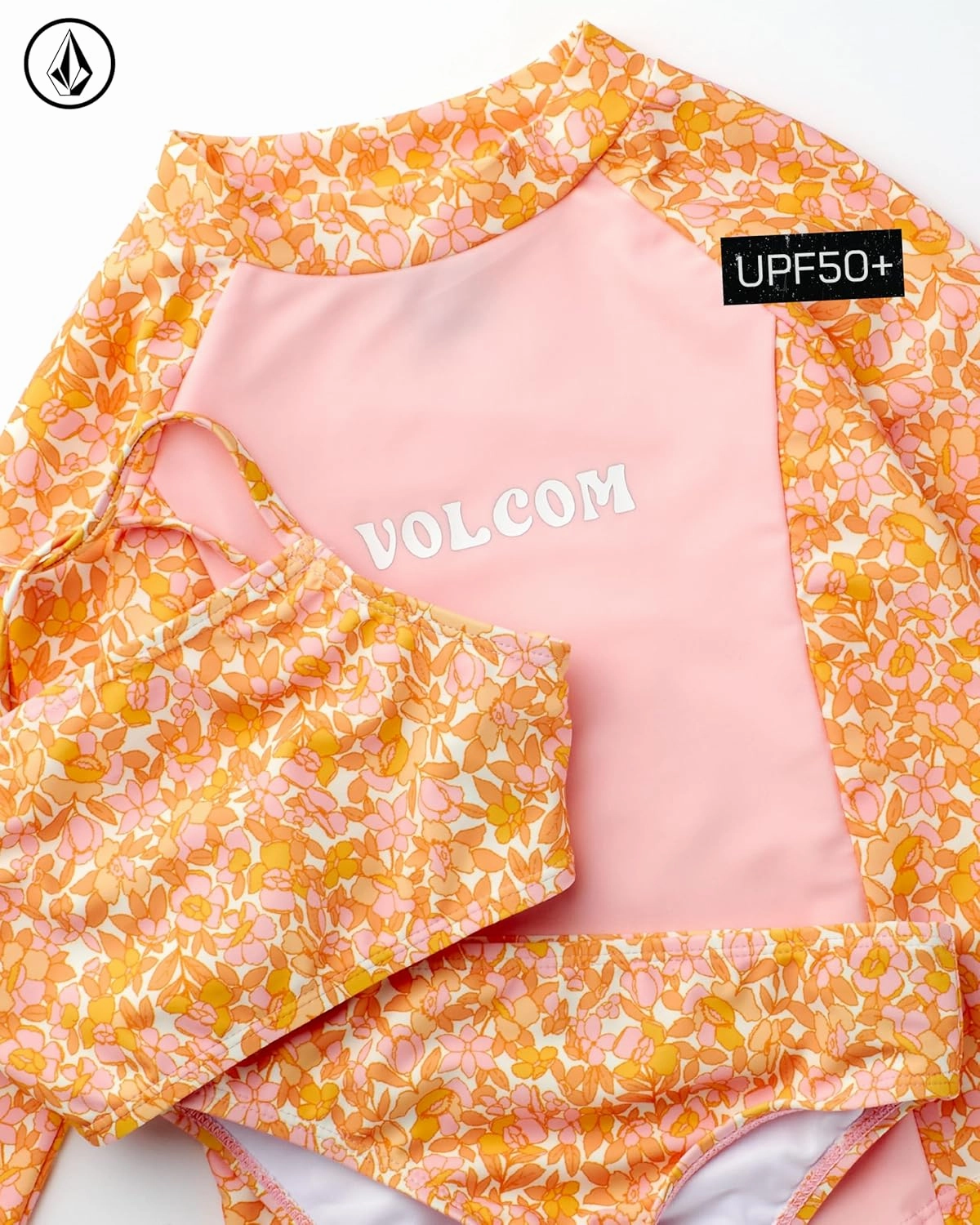 Volcom Girls' Swimsuit Set - 3 Piece UPF50  High Neck Bikini Top, Bikini Bottom and Matching Swim Shorts for Girls (2T-16)