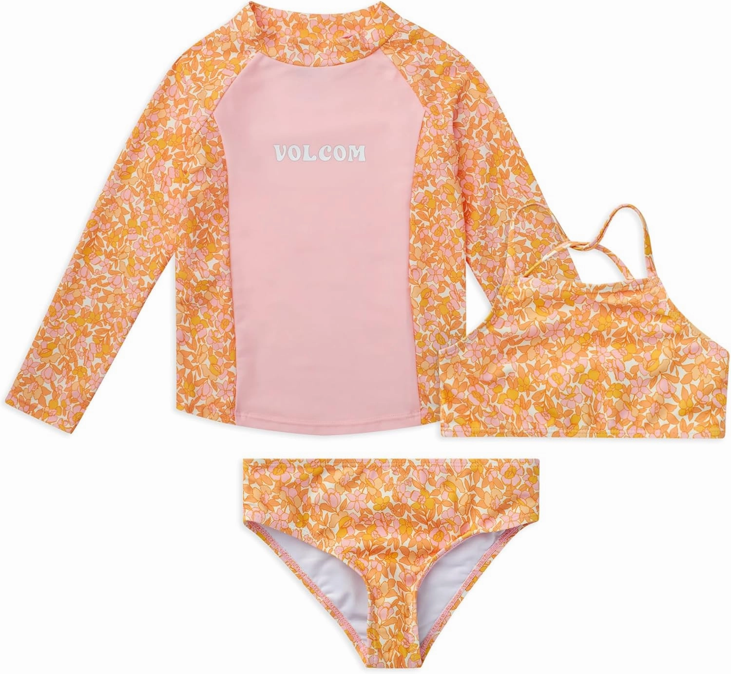 Volcom Girls' Swimsuit Set - 3 Piece UPF50  High Neck Bikini Top, Bikini Bottom and Matching Swim Shorts for Girls (2T-16)