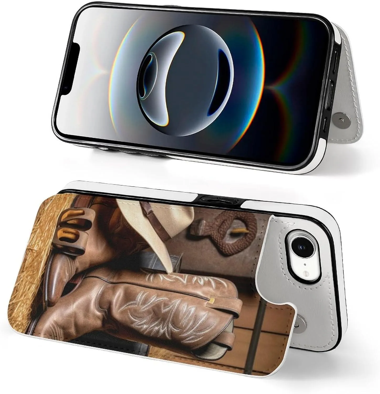 Wallet Cases for iPhone 16 E, Cowboy Black Hat Western Boots Prints Flip Leather Phone Case Cover with Card Slots Holder