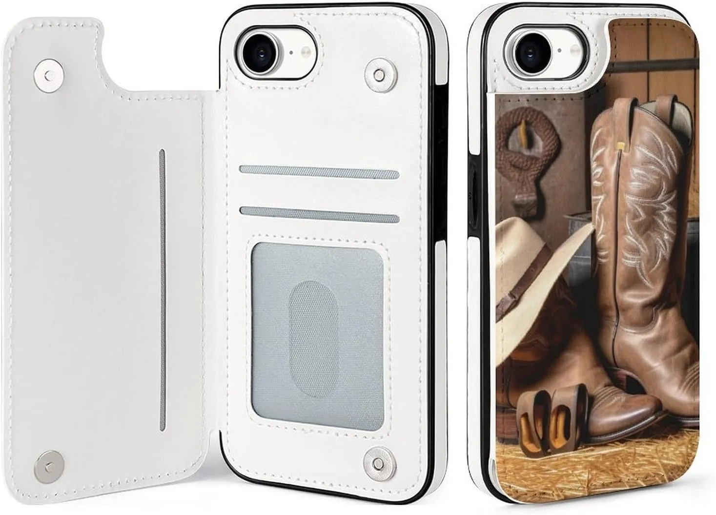 Wallet Cases for iPhone 16 E, Cowboy Black Hat Western Boots Prints Flip Leather Phone Case Cover with Card Slots Holder
