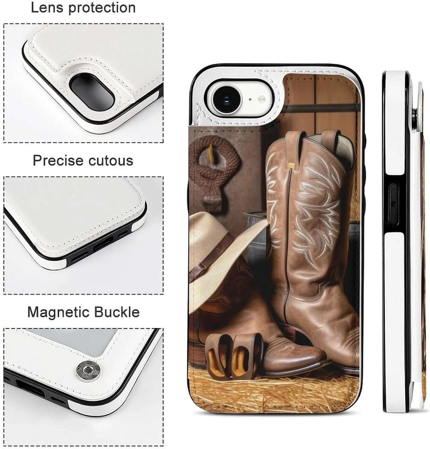 Wallet Cases for iPhone 16 E, Cowboy Black Hat Western Boots Prints Flip Leather Phone Case Cover with Card Slots Holder