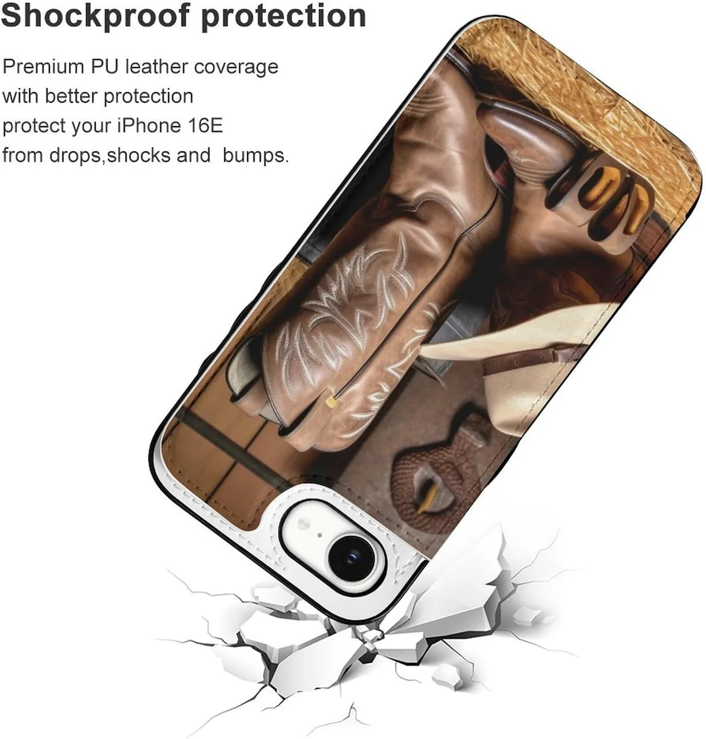Wallet Cases for iPhone 16 E, Cowboy Black Hat Western Boots Prints Flip Leather Phone Case Cover with Card Slots Holder