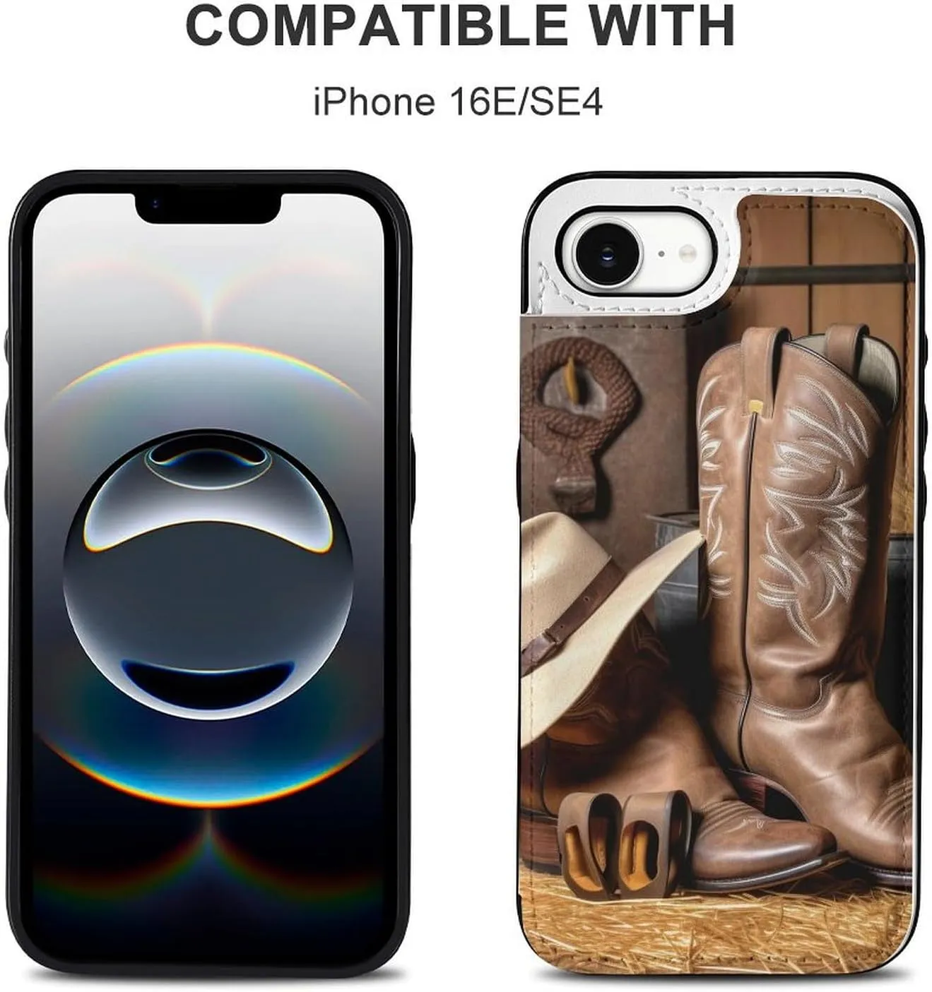Wallet Cases for iPhone 16 E, Cowboy Black Hat Western Boots Prints Flip Leather Phone Case Cover with Card Slots Holder