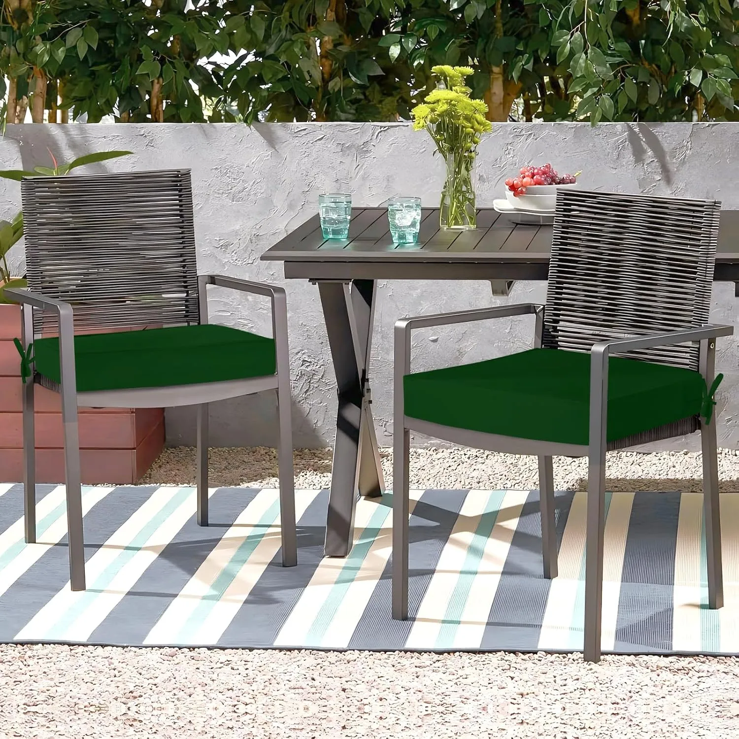 Waterproof Outdoor Chair Cushions Set of 2, Square Outdoor Seat Cushions with Ties and Removable Covers, 19 x 19 Outdoor Cushions for Patio Furniture with Portable Handle(Forest Green)