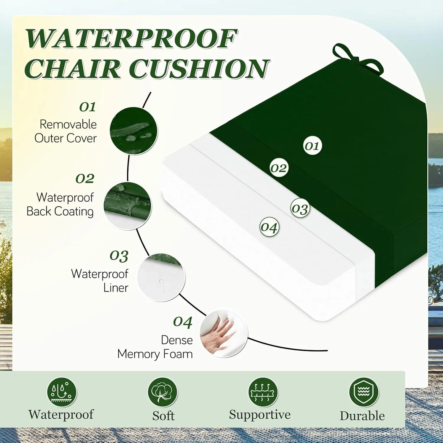 Waterproof Outdoor Chair Cushions Set of 2, Square Outdoor Seat Cushions with Ties and Removable Covers, 19 x 19 Outdoor Cushions for Patio Furniture with Portable Handle(Forest Green)