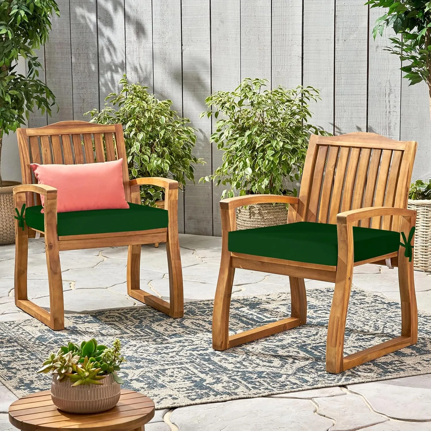 Waterproof Outdoor Chair Cushions Set of 2, Square Outdoor Seat Cushions with Ties and Removable Covers, 19 x 19 Outdoor Cushions for Patio Furniture with Portable Handle(Forest Green)