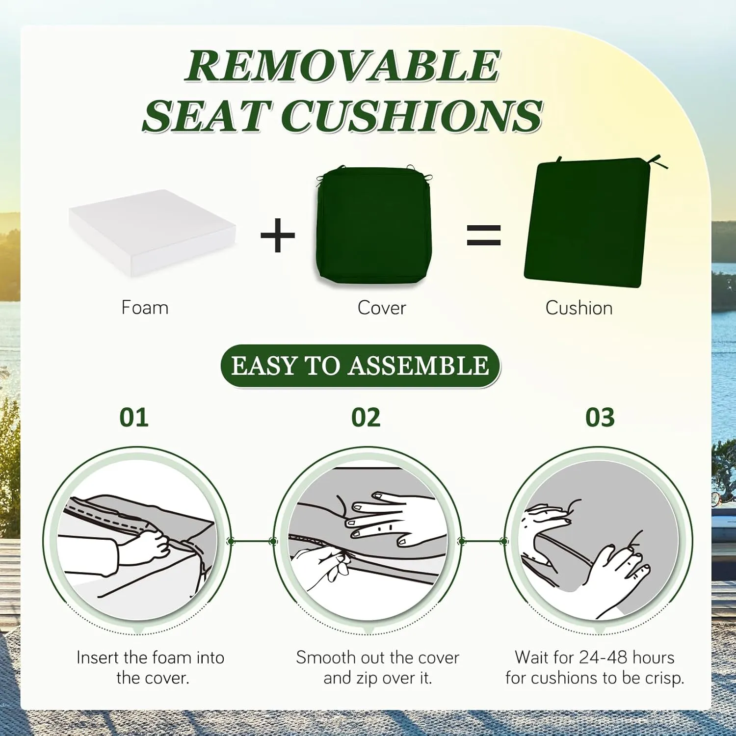 Waterproof Outdoor Chair Cushions Set of 2, Square Outdoor Seat Cushions with Ties and Removable Covers, 19 x 19 Outdoor Cushions for Patio Furniture with Portable Handle(Forest Green)