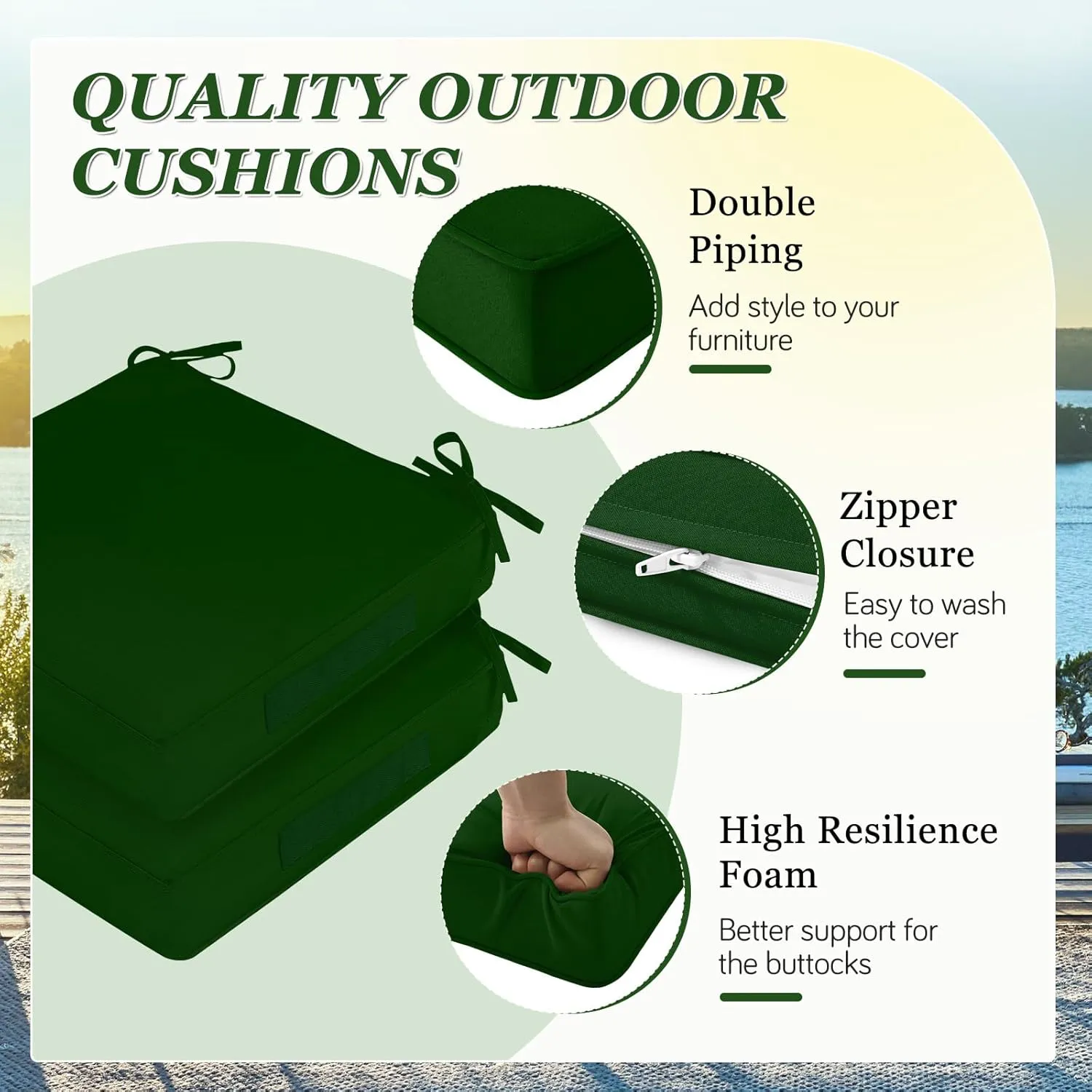 Waterproof Outdoor Chair Cushions Set of 2, Square Outdoor Seat Cushions with Ties and Removable Covers, 19 x 19 Outdoor Cushions for Patio Furniture with Portable Handle(Forest Green)