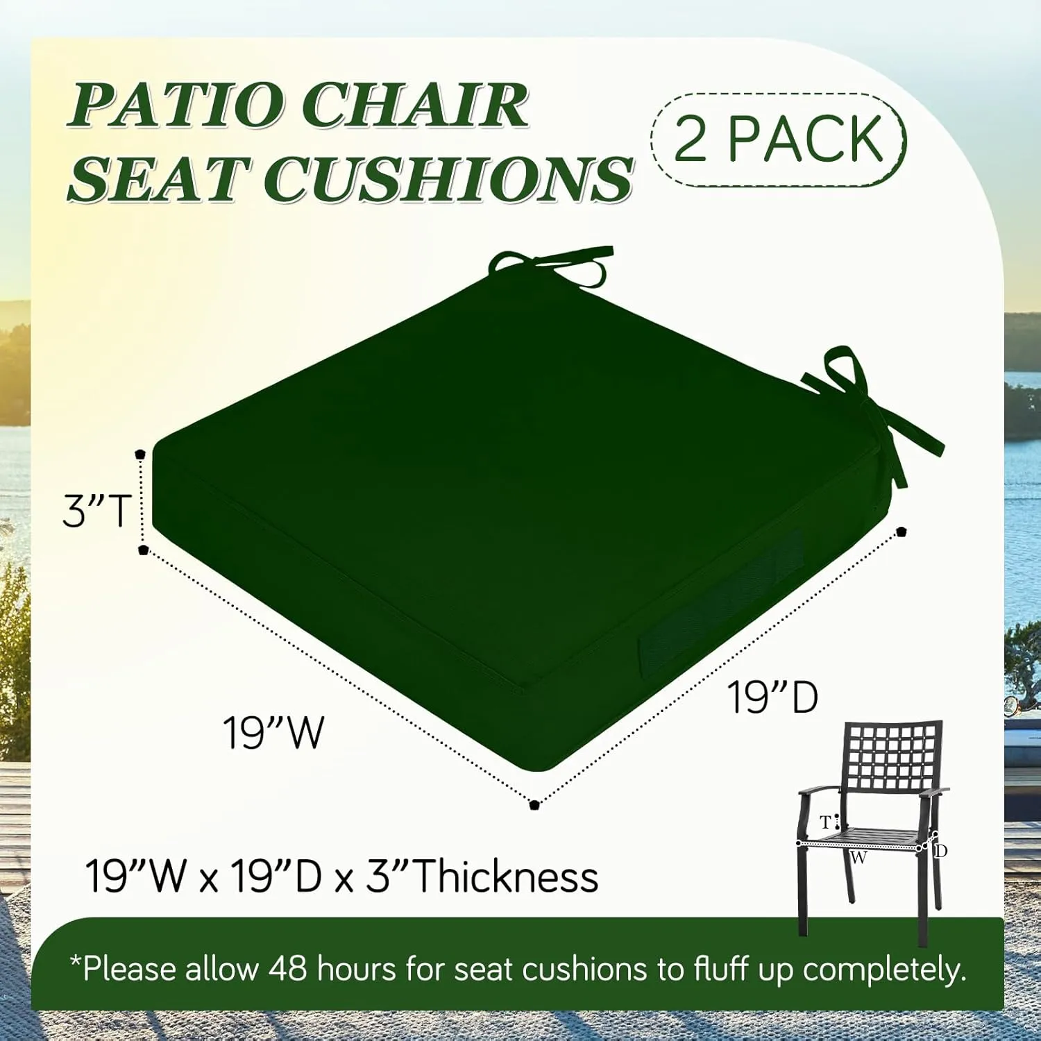 Waterproof Outdoor Chair Cushions Set of 2, Square Outdoor Seat Cushions with Ties and Removable Covers, 19 x 19 Outdoor Cushions for Patio Furniture with Portable Handle(Forest Green)