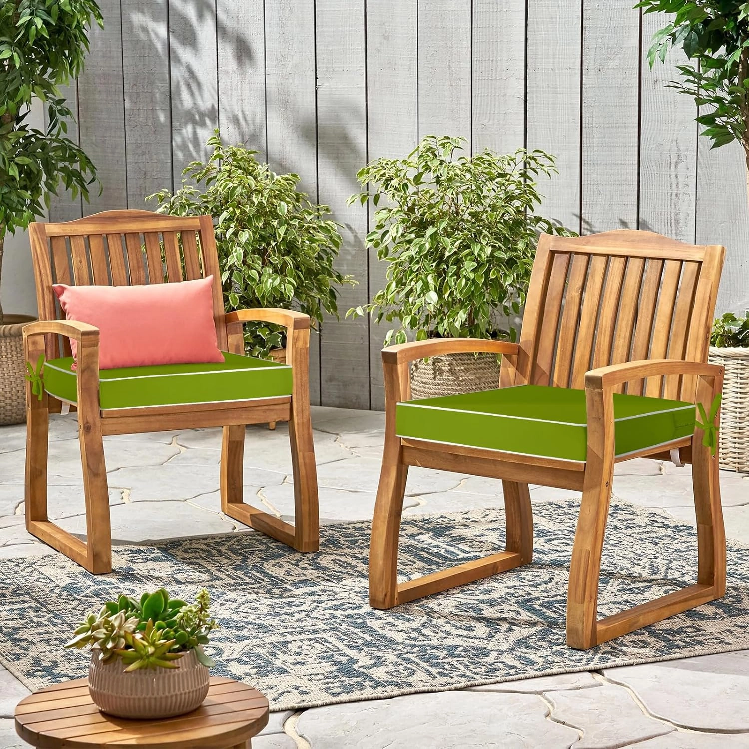 Waterproof Outdoor Chair Cushions Set of 2, Square Outdoor Seat Cushions with Ties and Removable Covers, 19 x 19 Outdoor Cushions for Patio Furniture with Portable Handle(Grass Green/White)