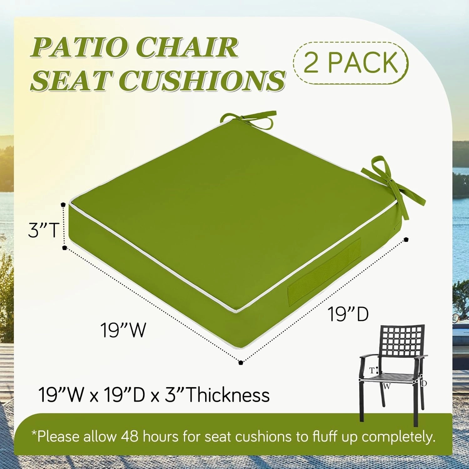 Waterproof Outdoor Chair Cushions Set of 2, Square Outdoor Seat Cushions with Ties and Removable Covers, 19 x 19 Outdoor Cushions for Patio Furniture with Portable Handle(Grass Green/White)