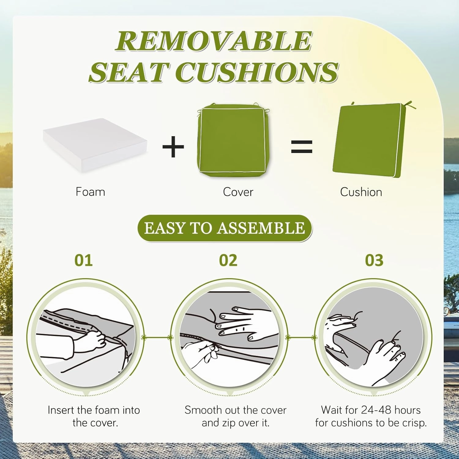 Waterproof Outdoor Chair Cushions Set of 2, Square Outdoor Seat Cushions with Ties and Removable Covers, 19 x 19 Outdoor Cushions for Patio Furniture with Portable Handle(Grass Green/White)