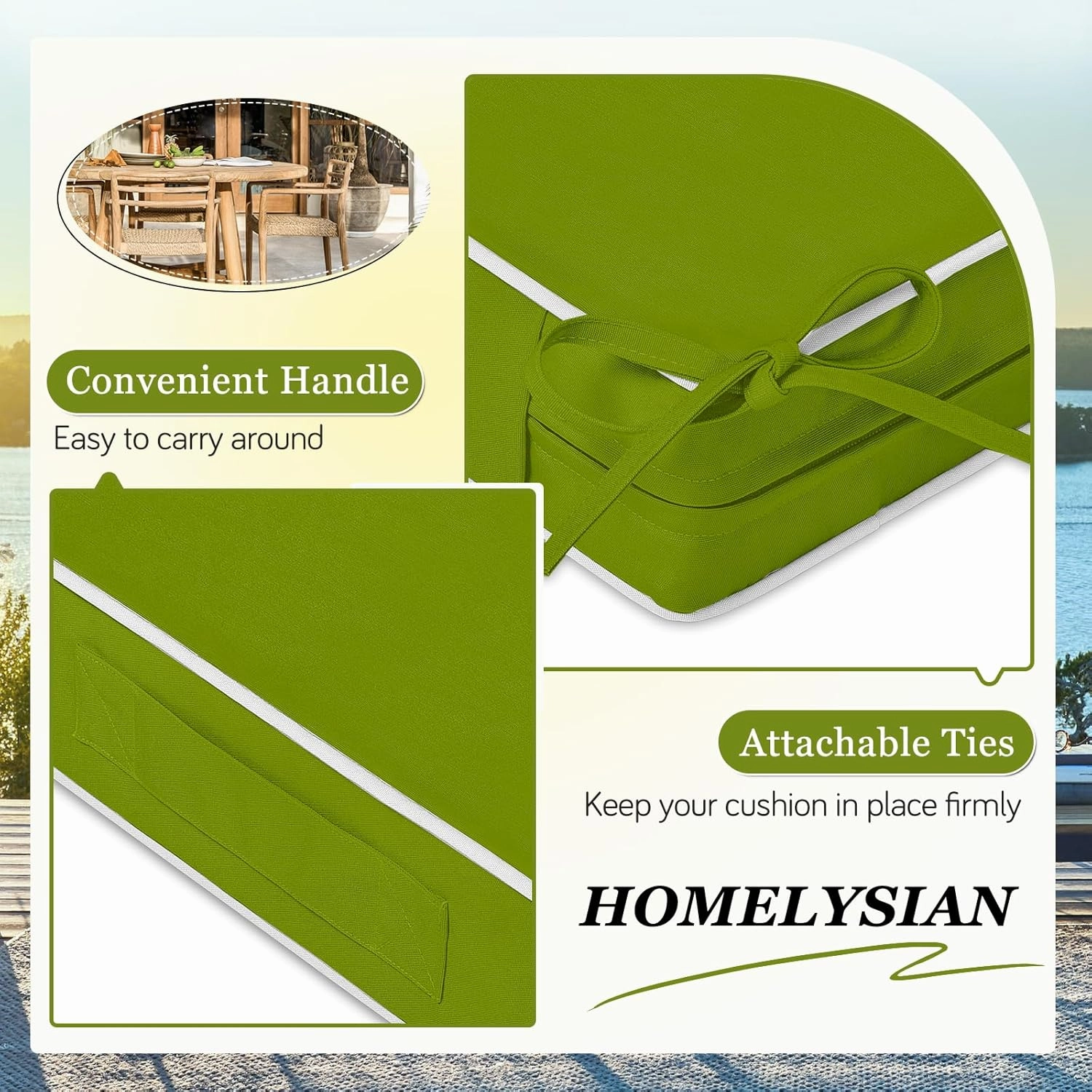 Waterproof Outdoor Chair Cushions Set of 2, Square Outdoor Seat Cushions with Ties and Removable Covers, 19 x 19 Outdoor Cushions for Patio Furniture with Portable Handle(Grass Green/White)