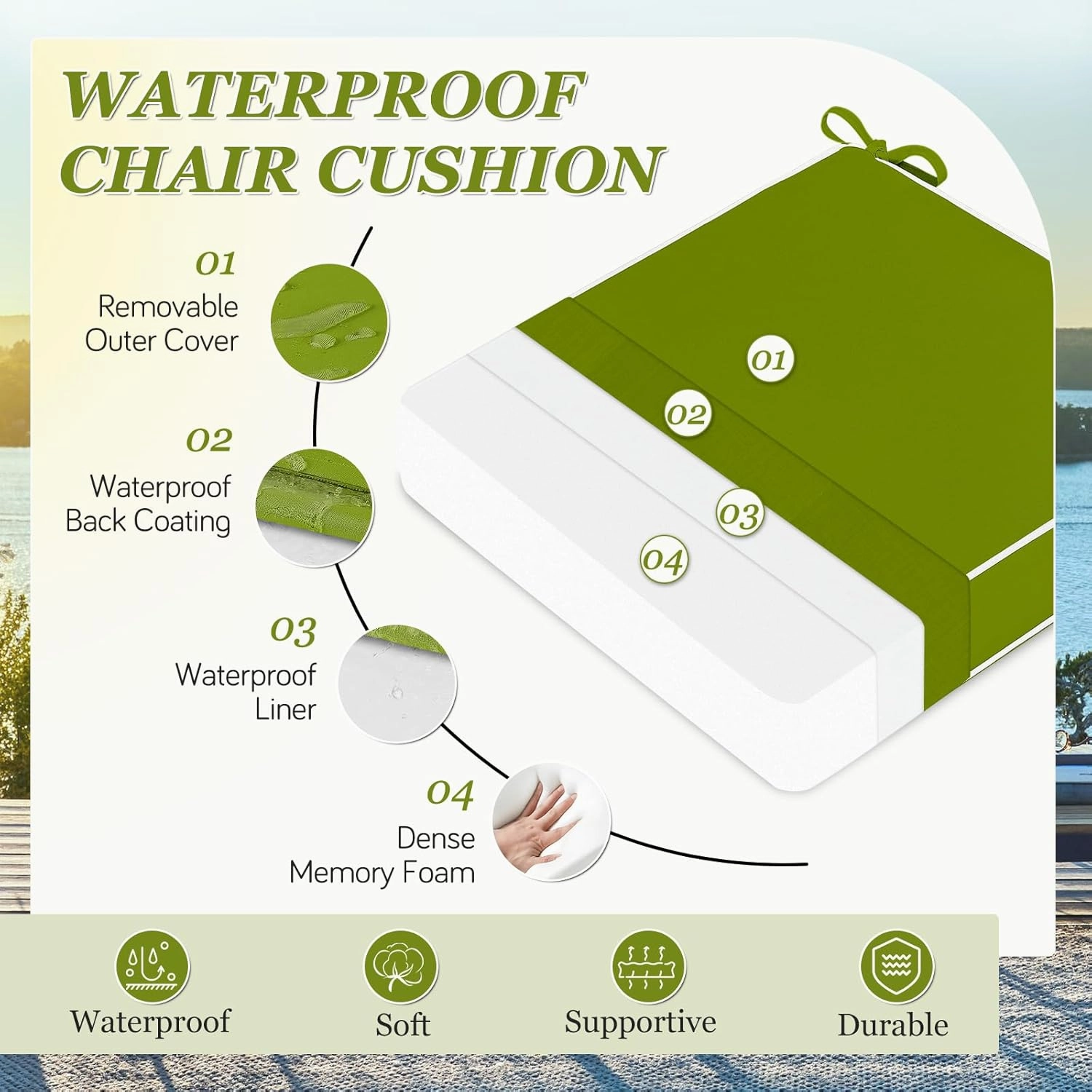 Waterproof Outdoor Chair Cushions Set of 2, Square Outdoor Seat Cushions with Ties and Removable Covers, 19 x 19 Outdoor Cushions for Patio Furniture with Portable Handle(Grass Green/White)