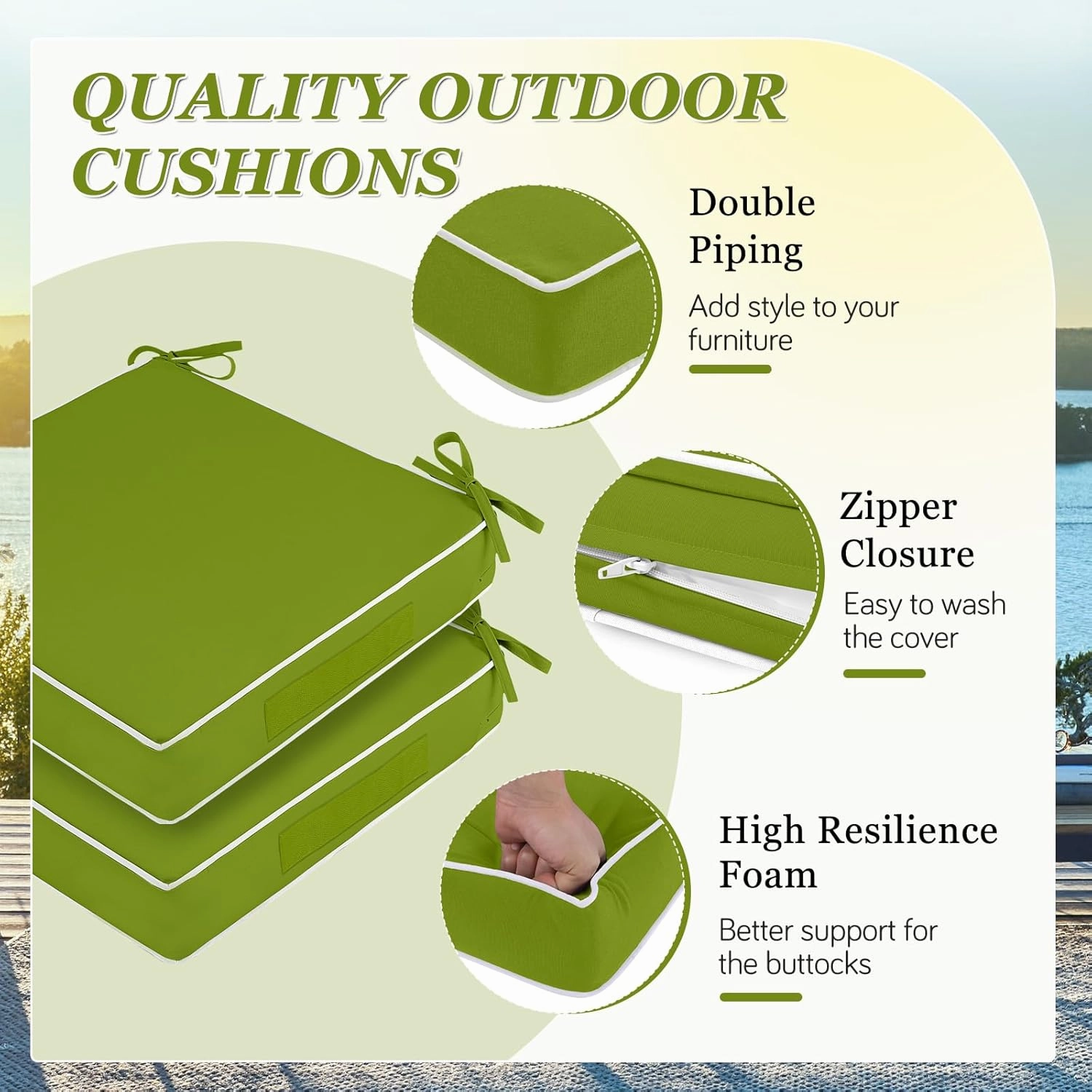 Waterproof Outdoor Chair Cushions Set of 2, Square Outdoor Seat Cushions with Ties and Removable Covers, 19 x 19 Outdoor Cushions for Patio Furniture with Portable Handle(Grass Green/White)