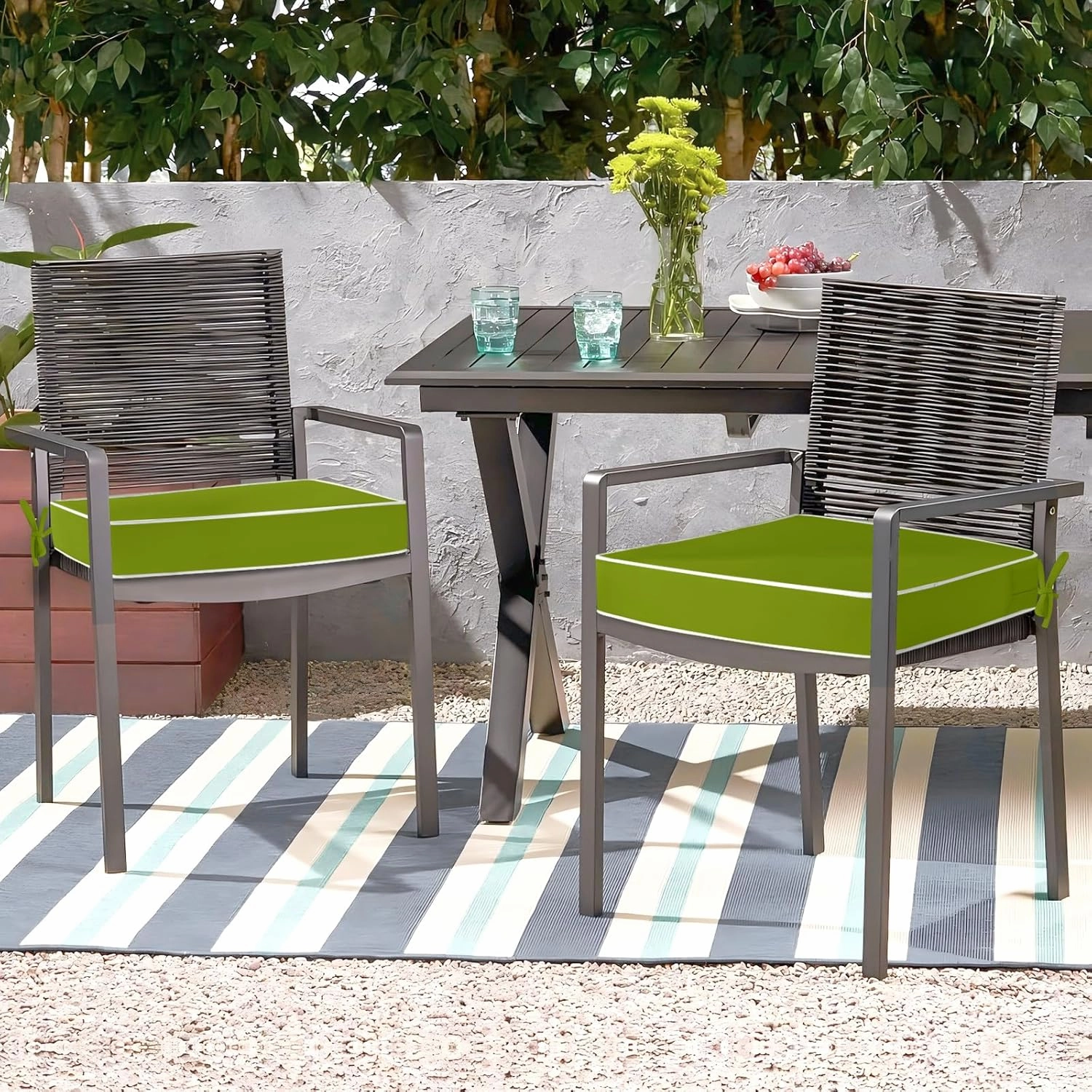 Waterproof Outdoor Chair Cushions Set of 2, Square Outdoor Seat Cushions with Ties and Removable Covers, 19 x 19 Outdoor Cushions for Patio Furniture with Portable Handle(Grass Green/White)