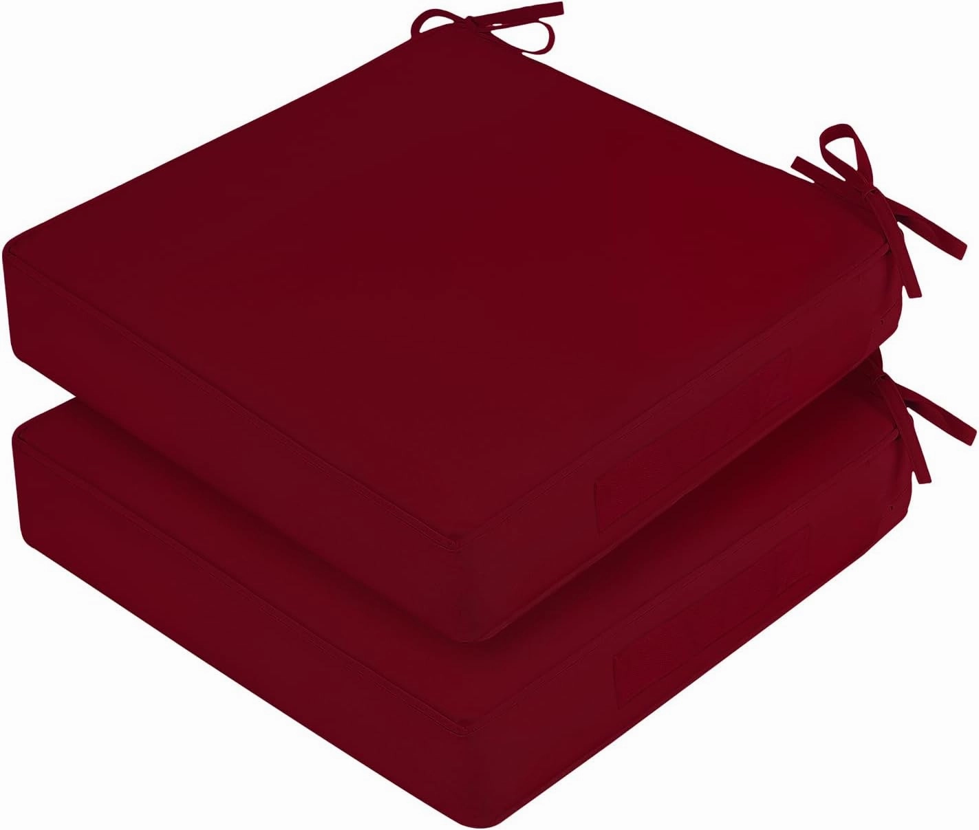 Waterproof Outdoor Chair Cushions Set of 2, Square Outdoor Seat Cushions with Ties and Removable Covers, 24 x 24 Outdoor Cushions for Patio Furniture with Portable Handle(Burgundy)