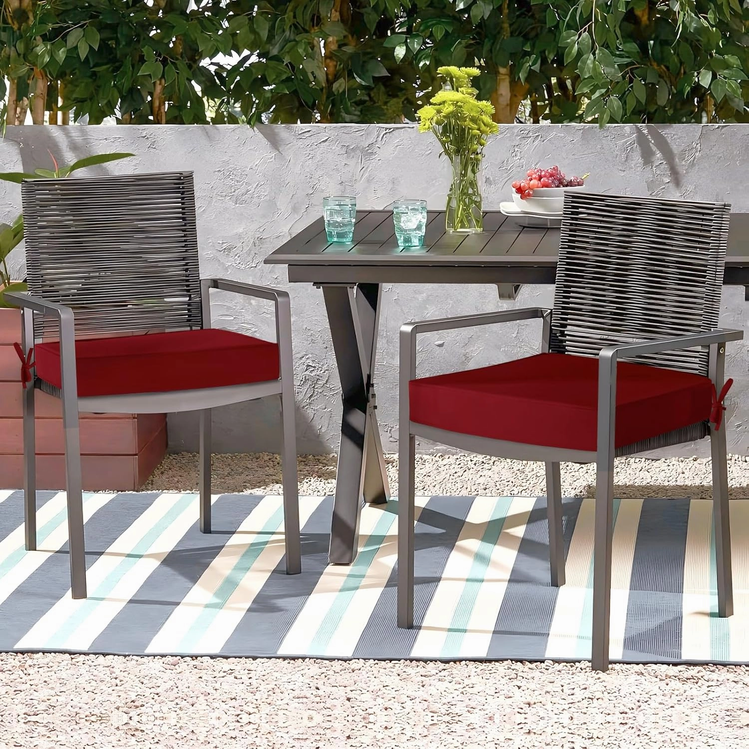 Waterproof Outdoor Chair Cushions Set of 2, Square Outdoor Seat Cushions with Ties and Removable Covers, 24 x 24 Outdoor Cushions for Patio Furniture with Portable Handle(Burgundy)