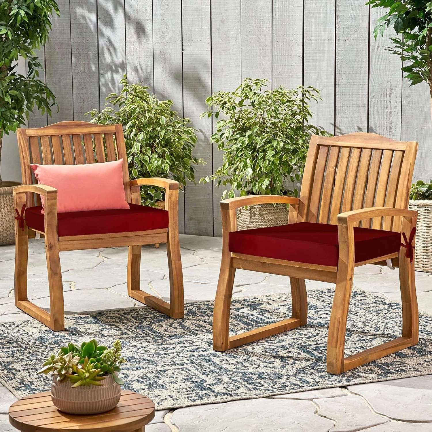 Waterproof Outdoor Chair Cushions Set of 2, Square Outdoor Seat Cushions with Ties and Removable Covers, 24 x 24 Outdoor Cushions for Patio Furniture with Portable Handle(Burgundy)