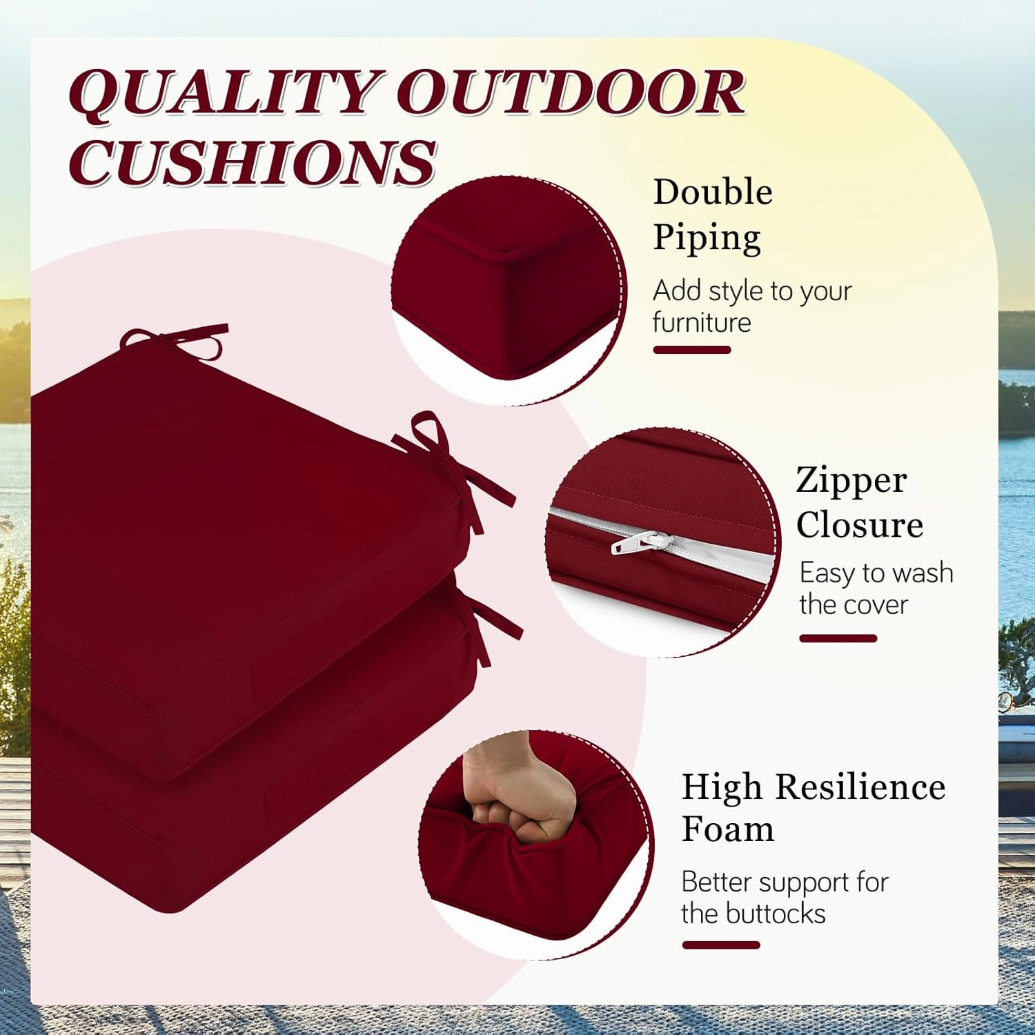 Waterproof Outdoor Chair Cushions Set of 2, Square Outdoor Seat Cushions with Ties and Removable Covers, 24 x 24 Outdoor Cushions for Patio Furniture with Portable Handle(Burgundy)