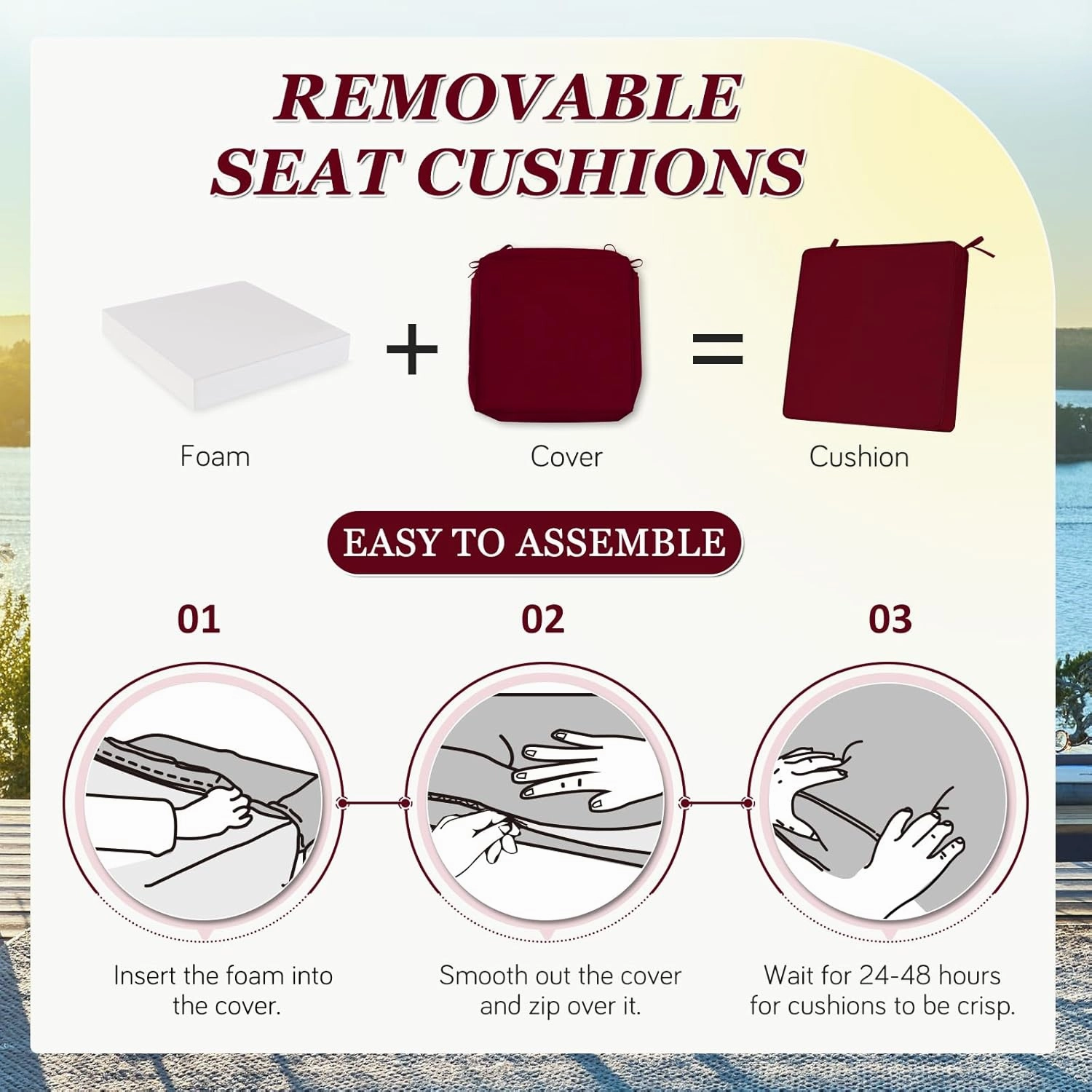 Waterproof Outdoor Chair Cushions Set of 2, Square Outdoor Seat Cushions with Ties and Removable Covers, 24 x 24 Outdoor Cushions for Patio Furniture with Portable Handle(Burgundy)