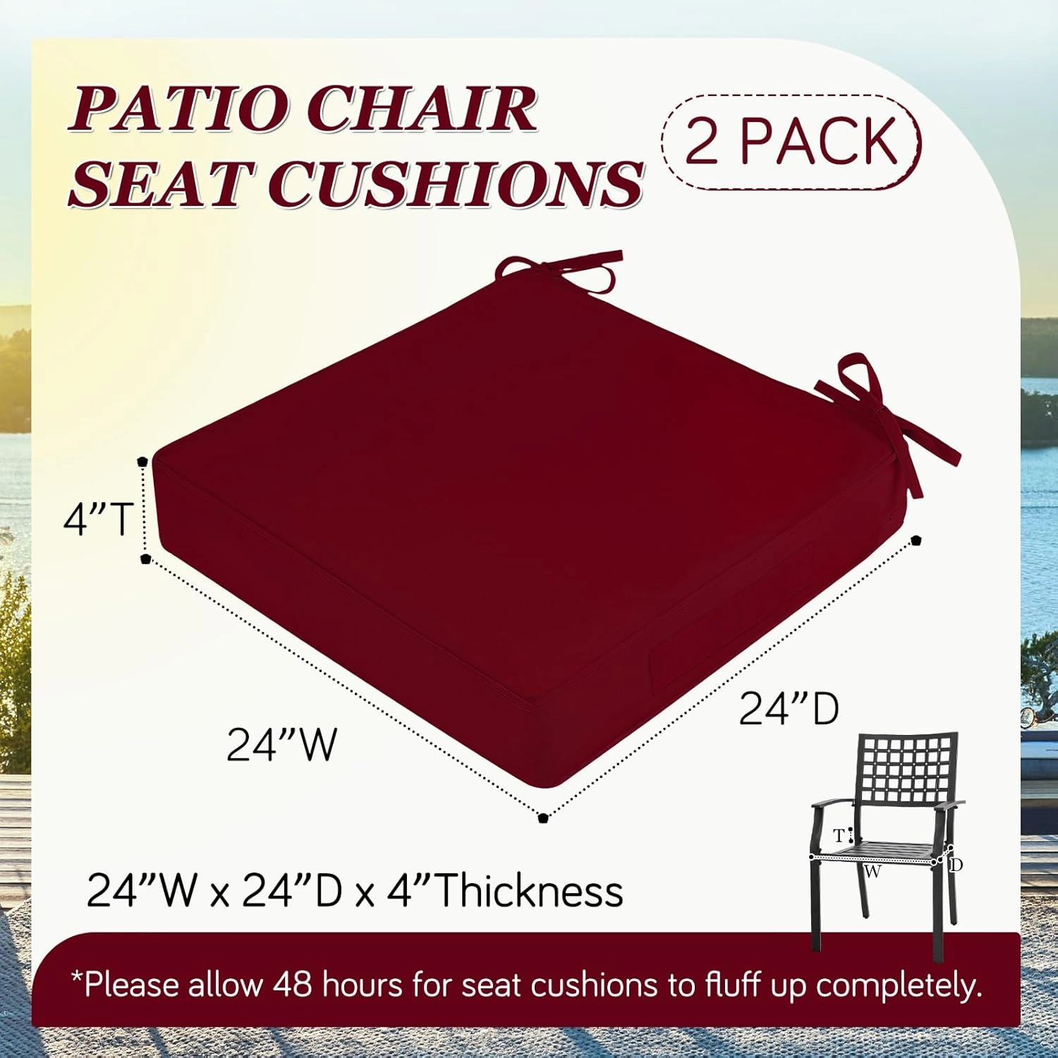 Waterproof Outdoor Chair Cushions Set of 2, Square Outdoor Seat Cushions with Ties and Removable Covers, 24 x 24 Outdoor Cushions for Patio Furniture with Portable Handle(Burgundy)