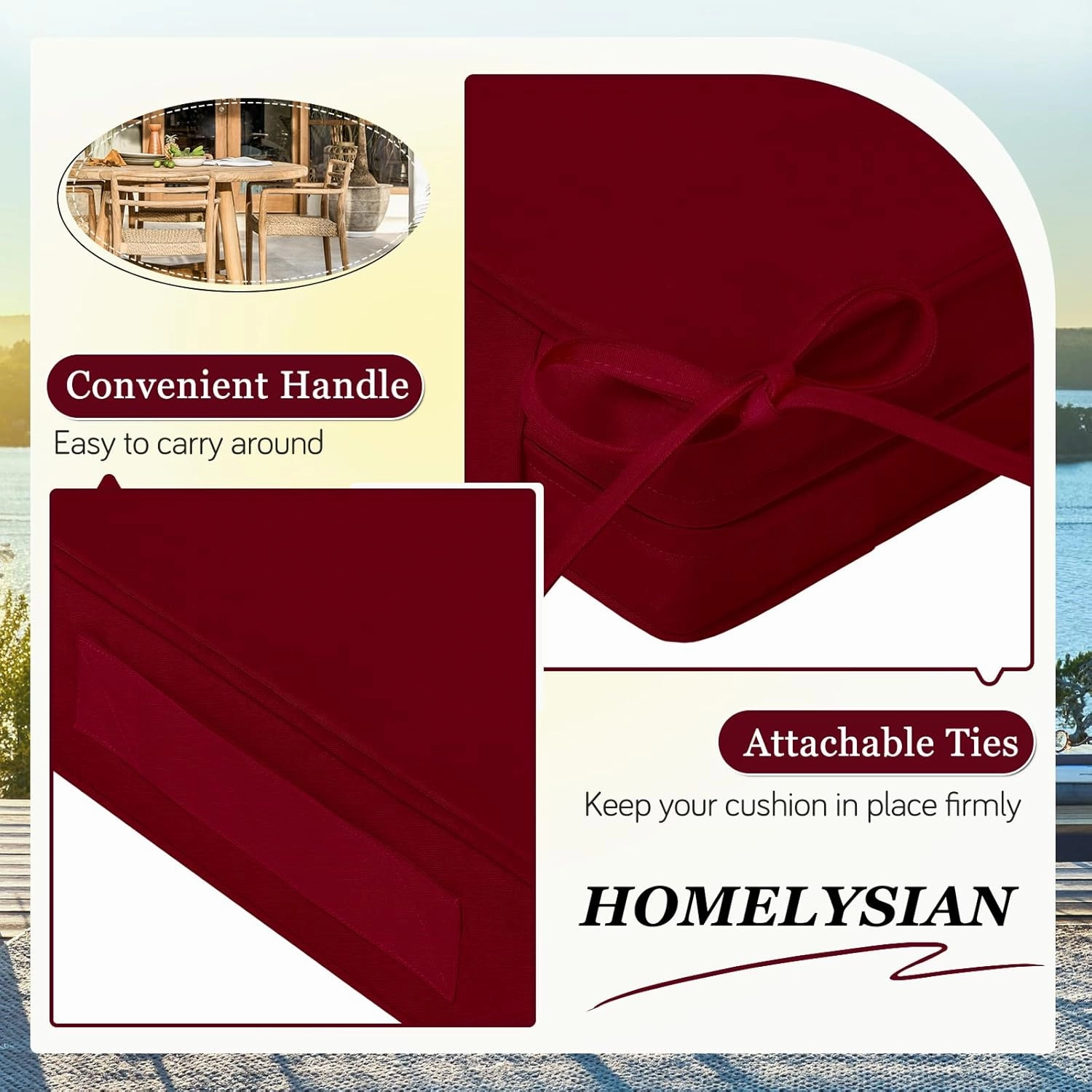 Waterproof Outdoor Chair Cushions Set of 2, Square Outdoor Seat Cushions with Ties and Removable Covers, 24 x 24 Outdoor Cushions for Patio Furniture with Portable Handle(Burgundy)