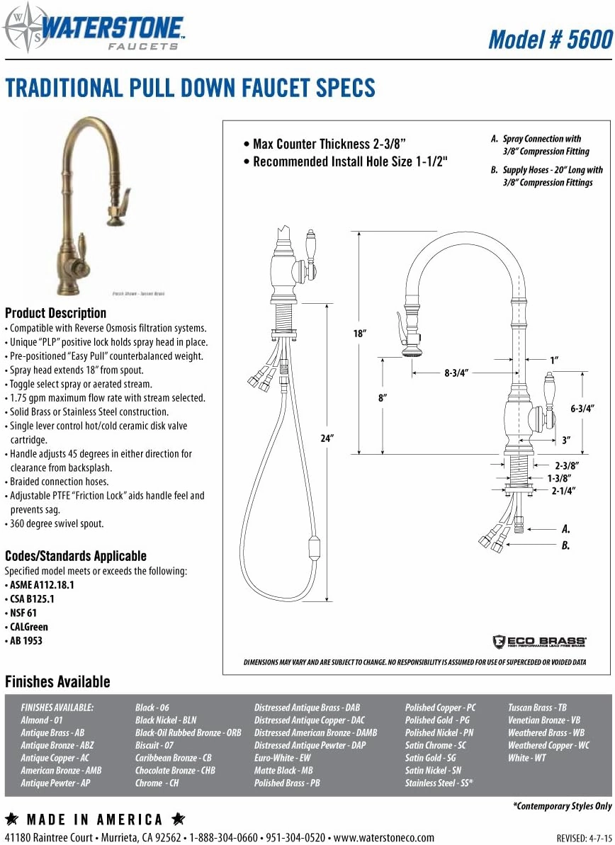 Waterstone 5600-AB Traditional Standard Reach PLP Pulldown Faucet Antique Brass