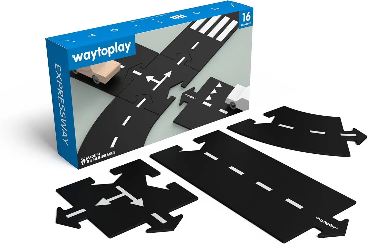 Waytoplay Expressway, 16 Piece Circuit for Toy Cars - Flexible, Indestructible, and Waterproof - Modular Car Tracks - Made in The Netherlands