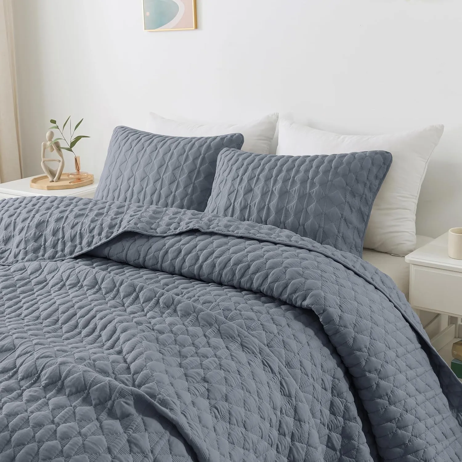 WDCOZY Blue Quilt King Size Bedding Sets with 2 Pillow Shams, Lightweight Soft Bedspread Coverlet, Quilted Blanket Thin Comforter Bed Cover for All Season, 3 Pieces, 104x90 inches