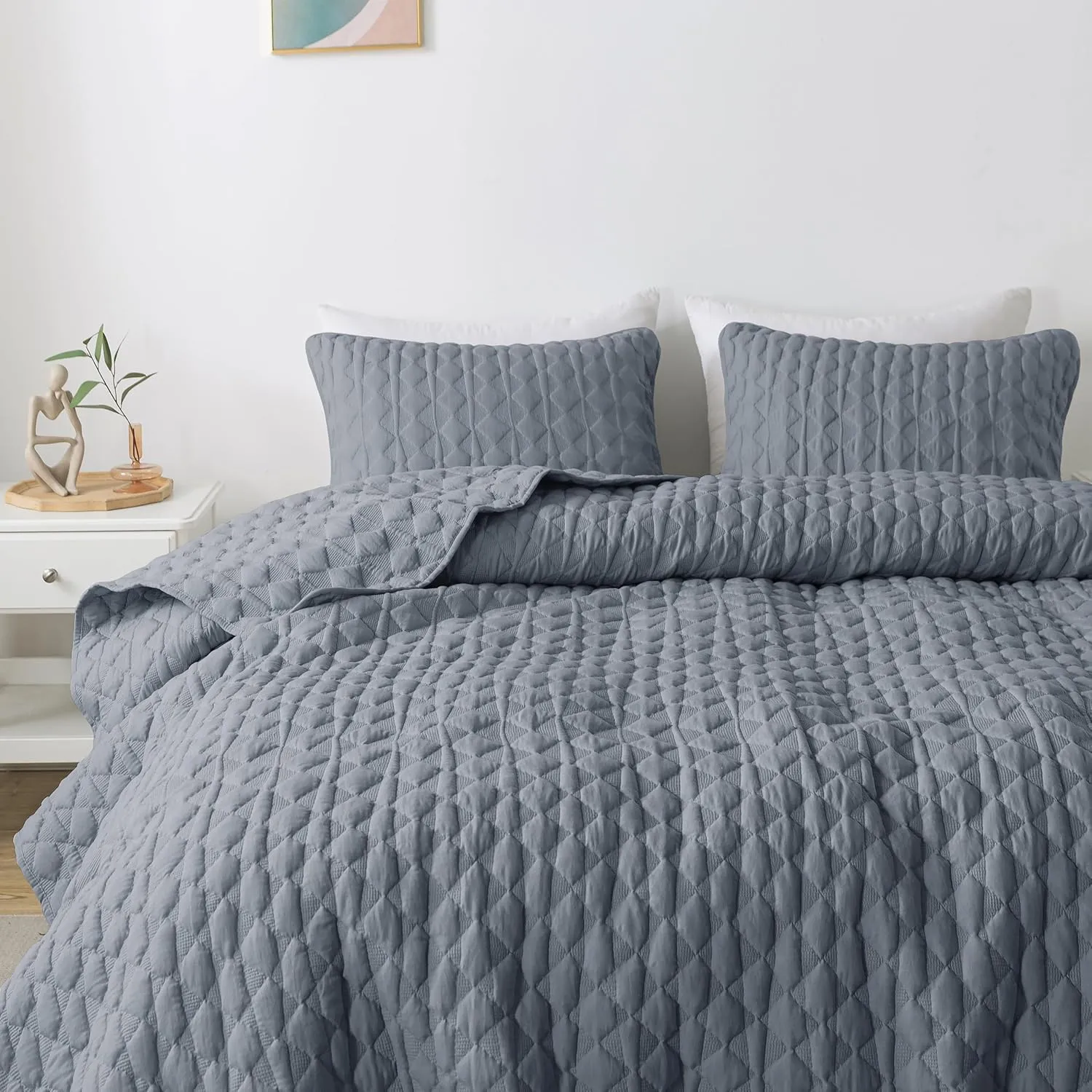 WDCOZY Blue Quilt King Size Bedding Sets with 2 Pillow Shams, Lightweight Soft Bedspread Coverlet, Quilted Blanket Thin Comforter Bed Cover for All Season, 3 Pieces, 104x90 inches