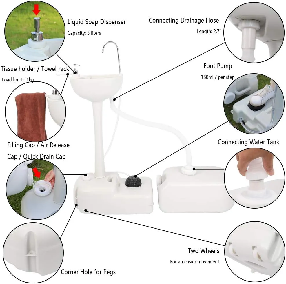 WEI WEI GLOBAL Outdoor Portable Camping Sink, Standing Hand Wash Basin with Foot Pump and Water Tank, for RV, Travel, Worksite
