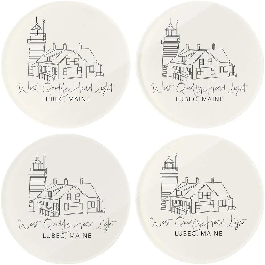 West Quoddy Head Light, Joyride Home Decor, 4 Glass Coasters, 4-Inch Circle Drink Coasters, Set of 4, Non-Slip Cork Back, Protects Surfaces, Express Your Style.