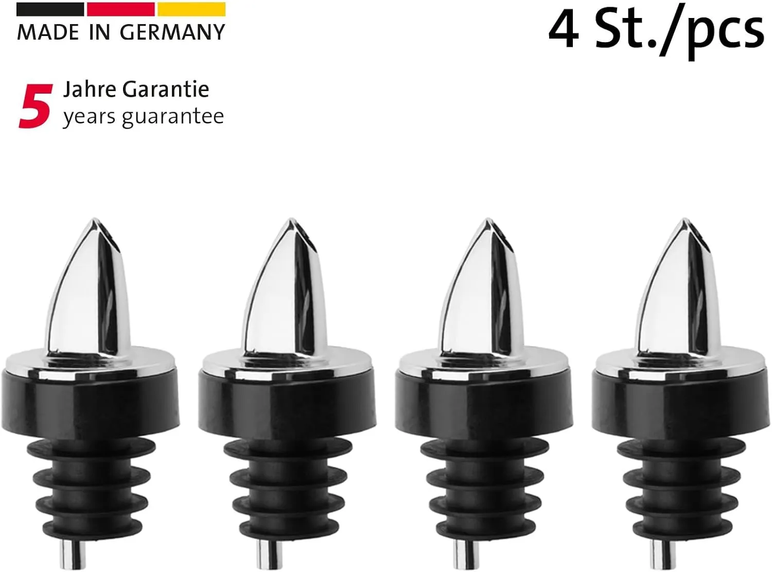 Westmark 4 x Spirit/Vinegar/Oil Pourers for Bottles, Dispenser with Air Tubes, Plastic Corks, Chrome-Plated, with Decorative Ring, Jet Pour, 412222E3