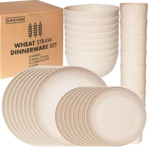 Wheat Straw Dinnerware Sets | Unbreakable Dinnerware Sets | Dishwasher Microwave Safe Dinnerware | Eco Friendly Non Breakable Dinnerware Sets | RV Outdoor Camping (Beige, Service for 8 (32 pcs))