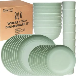 Wheat Straw Dinnerware Sets | Unbreakable Dinnerware Sets | Dishwasher Microwave Safe Dinnerware | Eco Friendly Non Breakable Dinnerware Sets | RV Outdoor Camping (Green, Service for 8 (32 pcs))