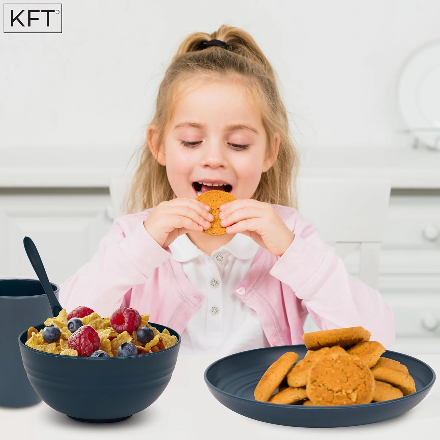 Wheat Straw Dinnerware Sets for 4 - KFT Lightweight & Unbreakable Dishes Microwave & Dishwasher Safe Perfect for Camping, Picnic, RV, Dorm Plates, Cups and Bowls (Blue, 24pc)