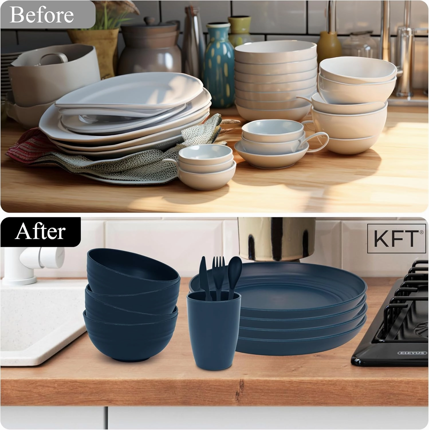 Wheat Straw Dinnerware Sets for 4 - KFT Lightweight & Unbreakable Dishes Microwave & Dishwasher Safe Perfect for Camping, Picnic, RV, Dorm Plates, Cups and Bowls (Blue, 24pc)