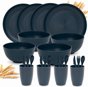 Wheat Straw Dinnerware Sets for 4 - KFT Lightweight & Unbreakable Dishes Microwave & Dishwasher Safe Perfect for Camping, Picnic, RV, Dorm Plates, Cups and Bowls (Blue, 24pc)