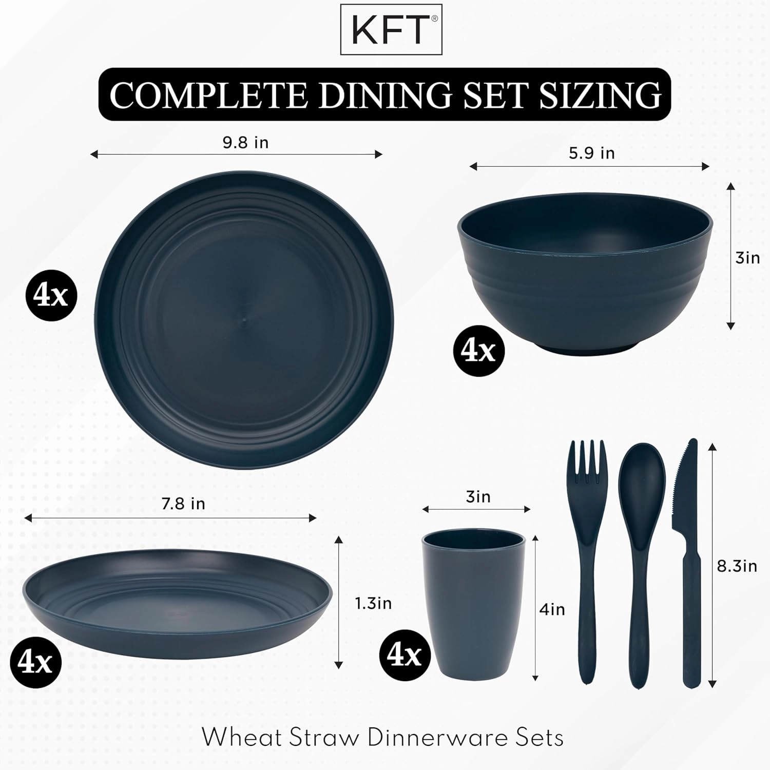 Wheat Straw Dinnerware Sets for 4 - KFT Lightweight & Unbreakable Dishes Microwave & Dishwasher Safe Perfect for Camping, Picnic, RV, Dorm Plates, Cups and Bowls (Blue, 24pc)