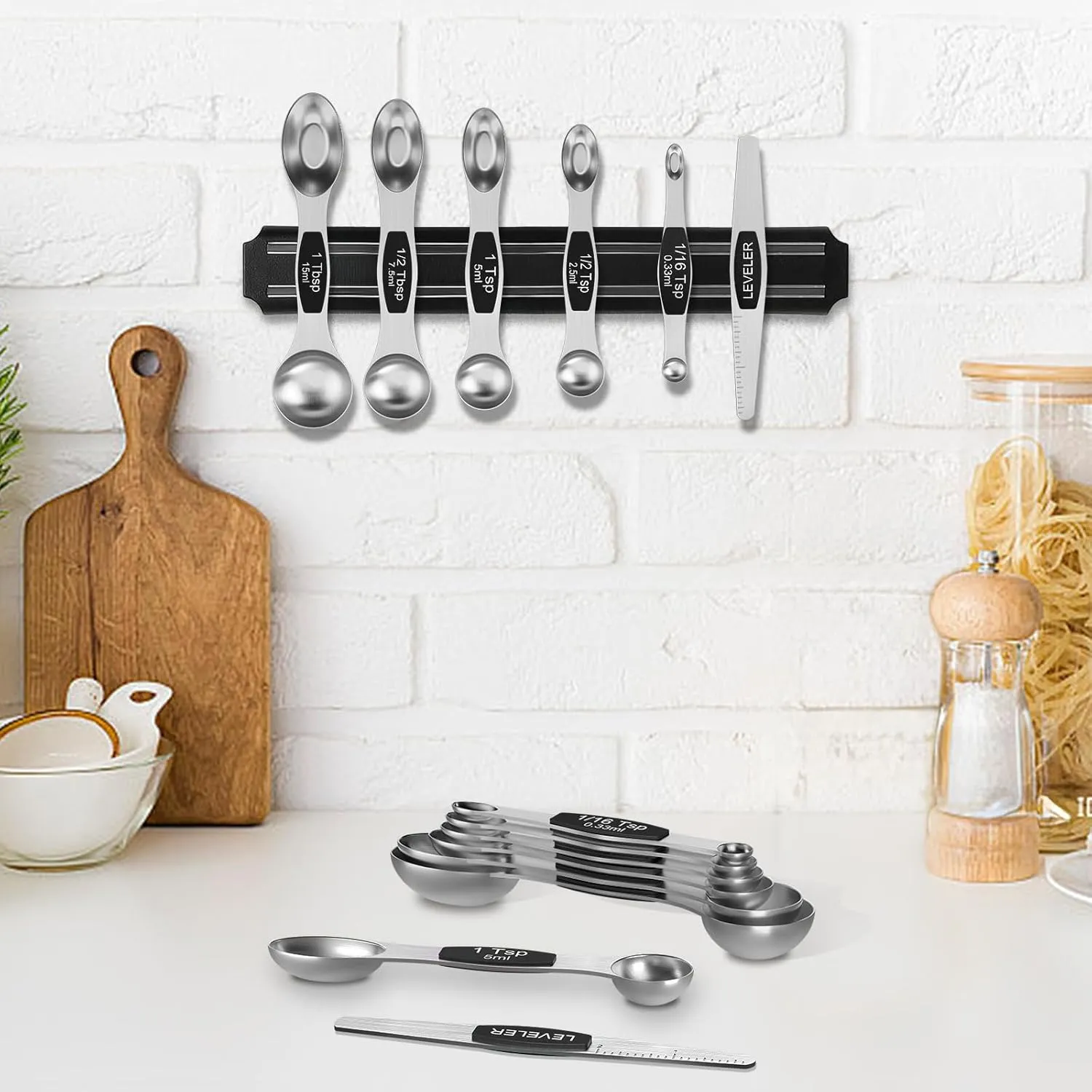 Wildone 14 Pack Stainless Steel Measuring Spoons Set, Including 8 Double Sided Magnetic Measuring Spoons(Black), 1 Leveler & 5 Mini Measuring Spoons, for Dry & Liquid Ingredients, Fits in Spice Jar