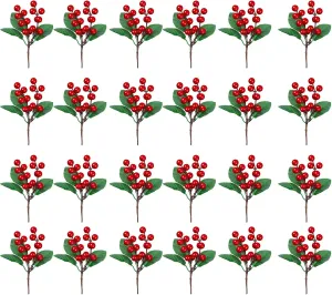 WILLBOND 24 Pieces Artificial Christmas Berry Picking Berry Branches Holly Leaves Picking Fake Berries Christmas Crafts Party Holiday Decoration (Natural Color)
