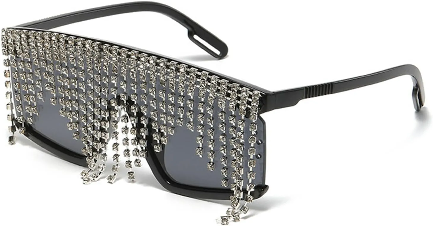 willochra Flat Top tassel Sunglasses Rhinestone Sun Glasses Diamond Party Eyeglasses Shades for Women UV400