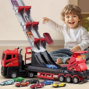 Wipalor Carrier Toy Trucks Rack Track with 6 Metal Cars, Toddler Kid Toys Boys Girls Toy Truck Birthday Christmas for Ages 3 4 5 6 7 8  Year Old, Foldable 2 Layer Transport Truck Toys